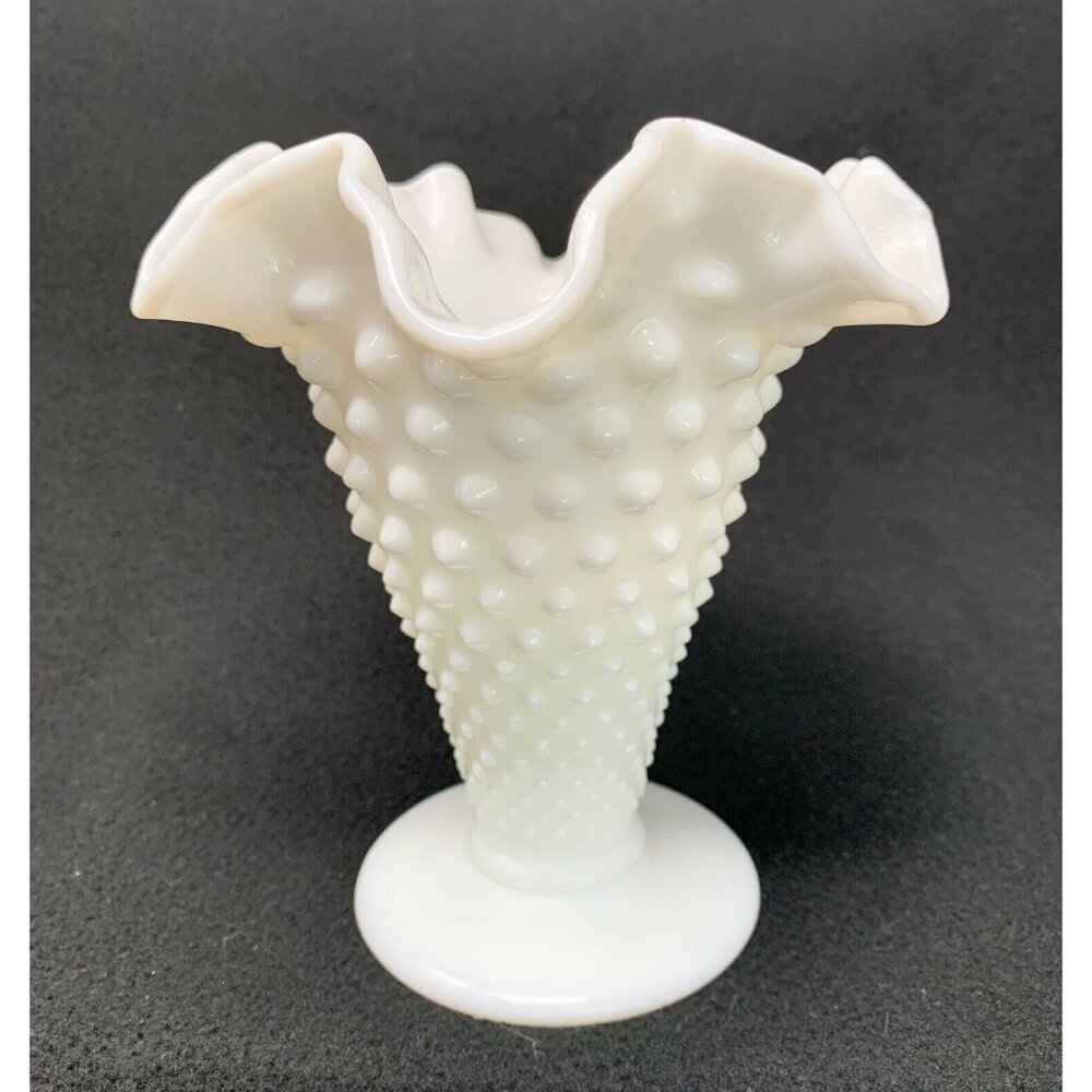 FENTON MILK GLASS HOBNAIL DOUBLE CRIMPED VASE ~ Ruffled Edge ~ Pre-1970